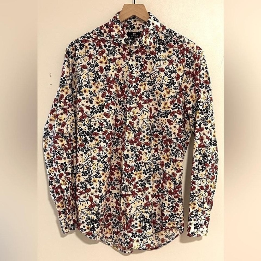 BORONEA | Men's Caribbean Resort Hawaiian Red Yellow Floral Button Down Shirt, L